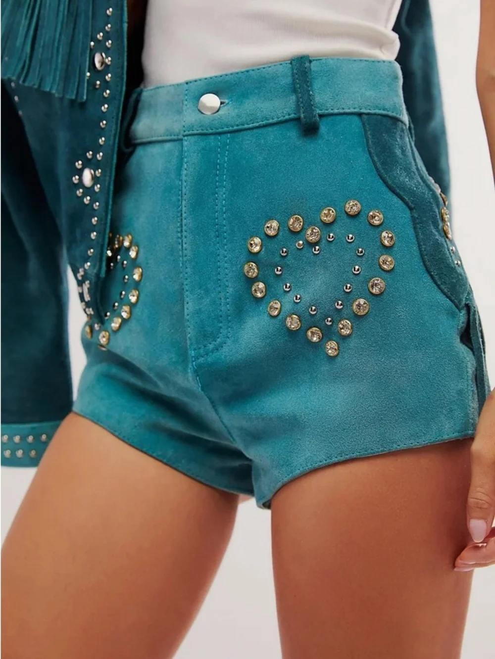 Understated Leather Wanted Shorts Suede Rhinestone Heart Fringe Booty Shorts XL